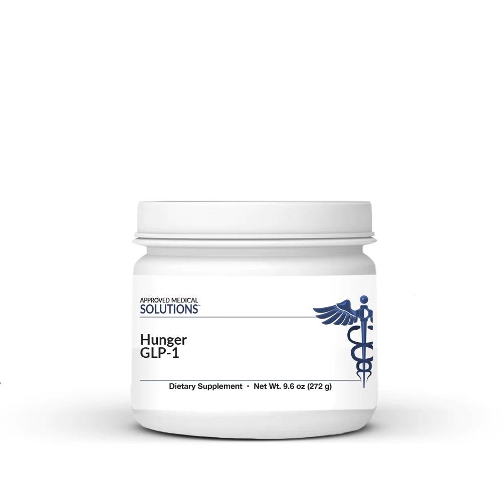 White supplement container labeled 'Hunger GLP-1' on a white background