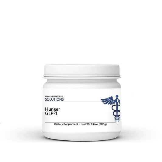 White supplement container labeled 'Hunger GLP-1' on a white background