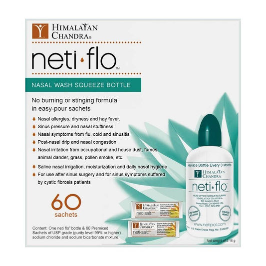Himalayan Chandra Neti Flo. Nasal wash squeeze bottle with 60 premixed sachets