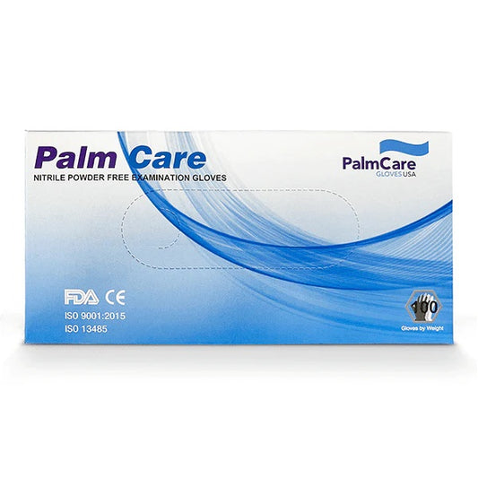 Box of PalmCare nitrile examination gloves on a white background