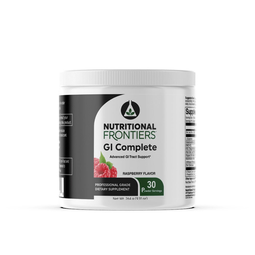 Supplement container labeled 'Nutritional Frontiers GI Complete' on a white background